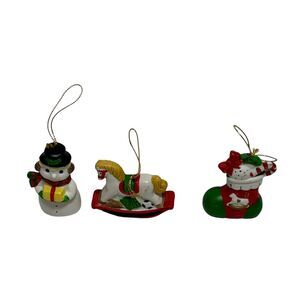 Vintage Christmas Ornaments Lot of 3 Snowman Rocking Horse Stocking Festive